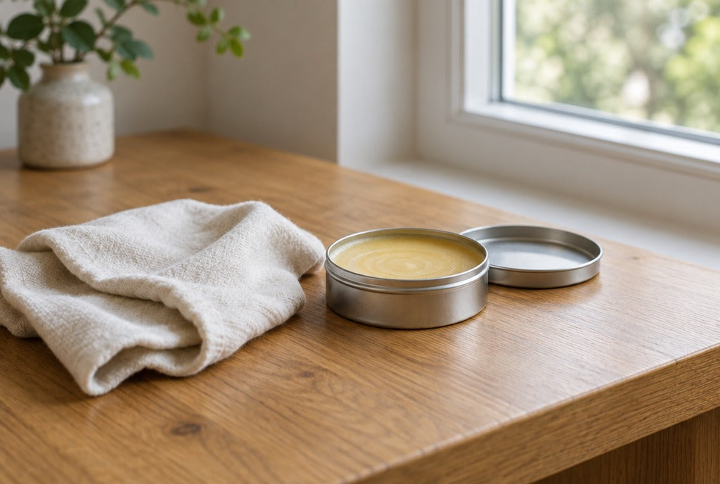 A soft cloth and a tin of furniture wax on a solid oak tabletop beside a window