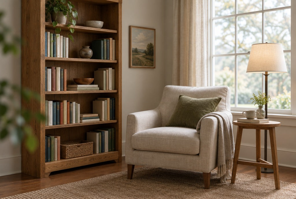A cozy reading corner with a tall solid wood bookcase, armchair, small wood side table and a lamp by a window