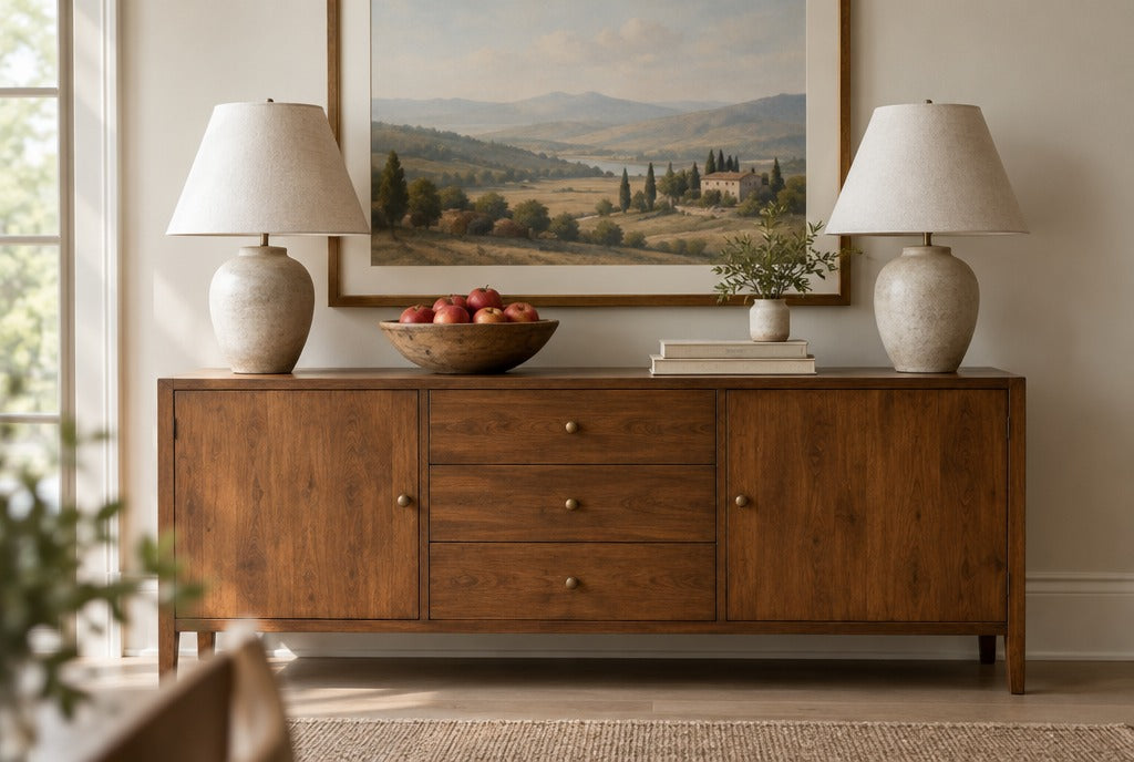 A solid wood sideboard styled with a pair of lamps, a large framed print and a bowl of apples