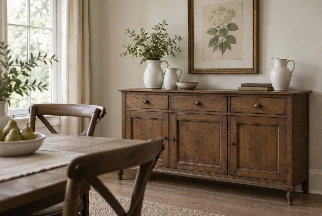 A farmhouse dining room with a vintage-inspired solid wood sideboard, ironstone pitchers and a framed botanical print