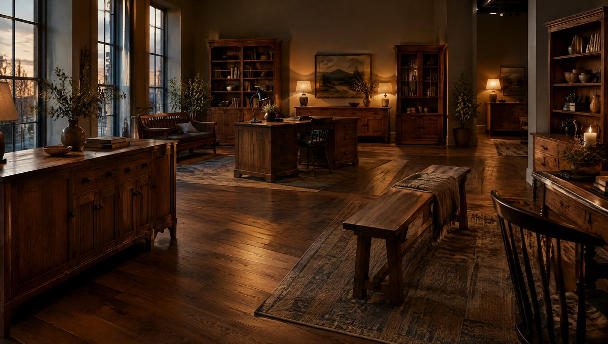 A bright furniture showroom with newly built vintage-inspired solid wood pieces