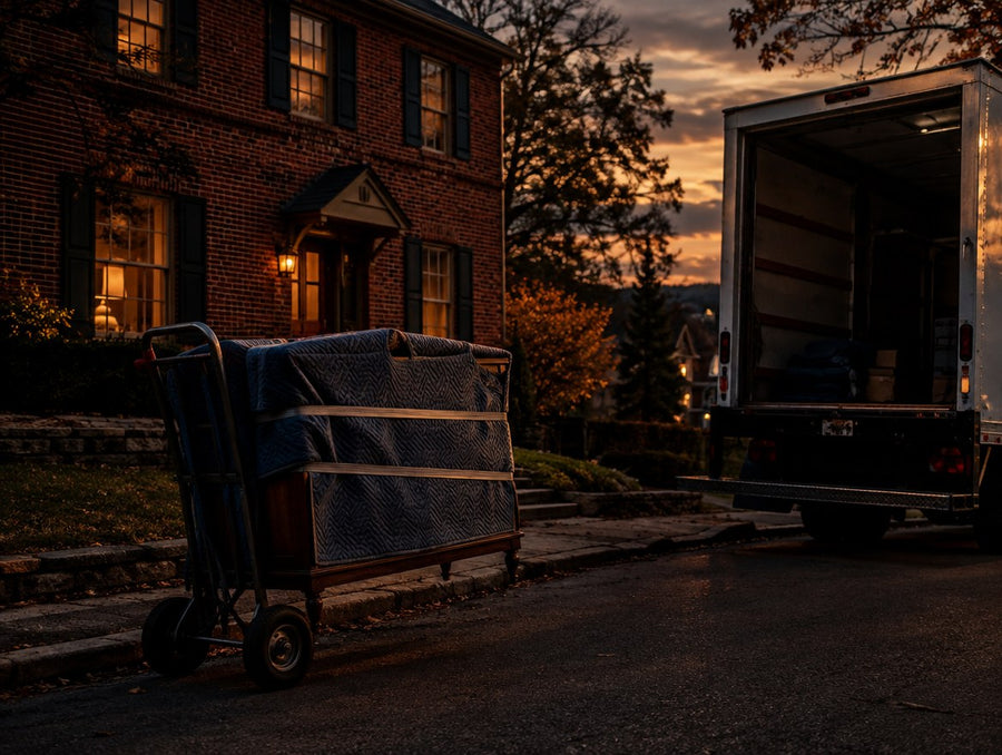 A blanket-wrapped solid wood sideboard beside a delivery truck